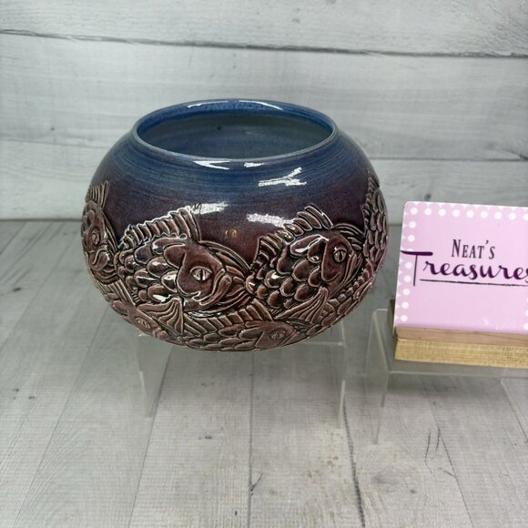 Haug Pottery Embossed KOI FISH Multi Color Round Art Deco 6.5"T Large Squat Vase